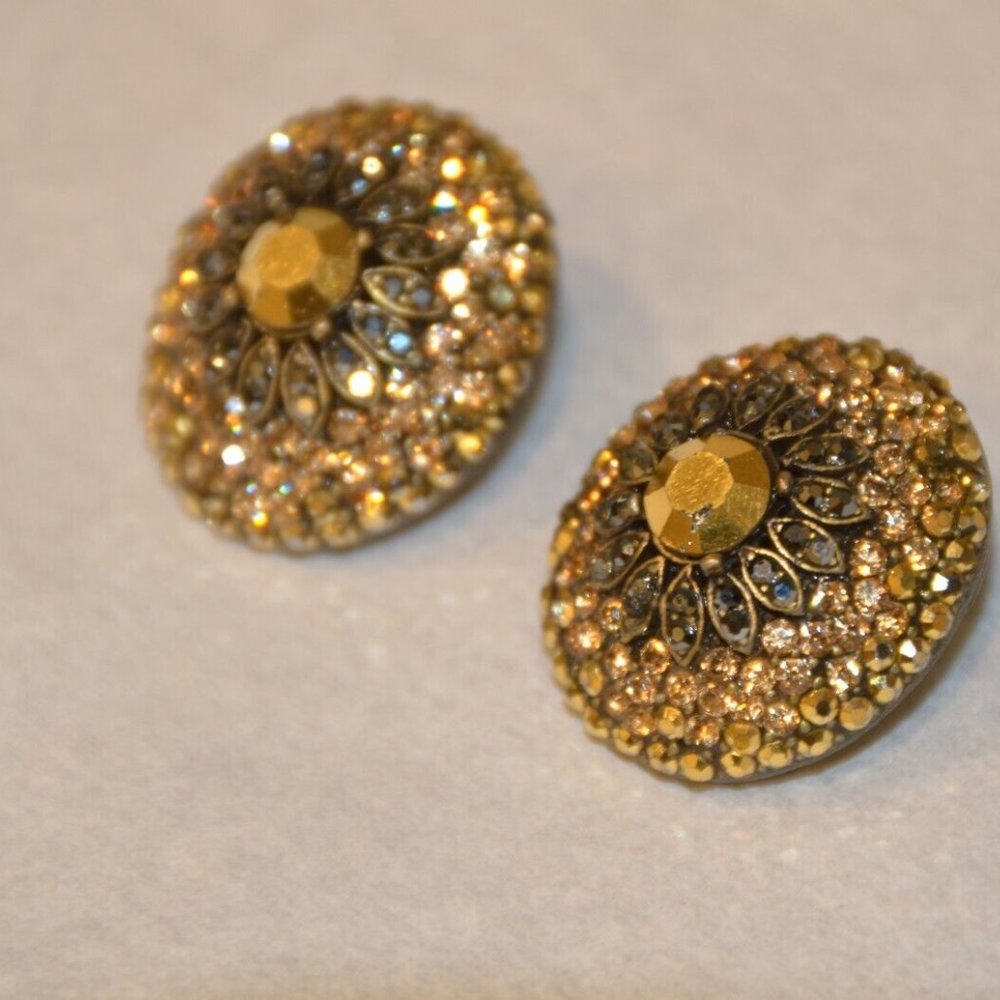 EVENING STATEMENT HOLIDAY JOSE & MARIA BARRERA BROWN GOLD OVAL CRYSTAL EARRINGS - Picture 3 of 10